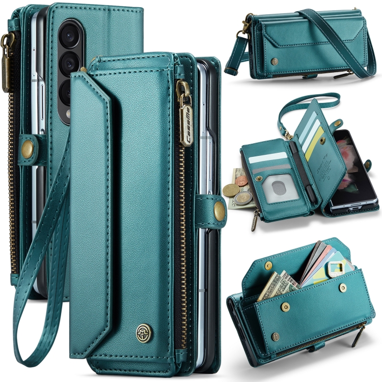 

For Samsung Galaxy Z Fold3 CaseMe C36 Card Slots Zipper Wallet RFID Anti-theft Leather Phone Case(Blue-green)