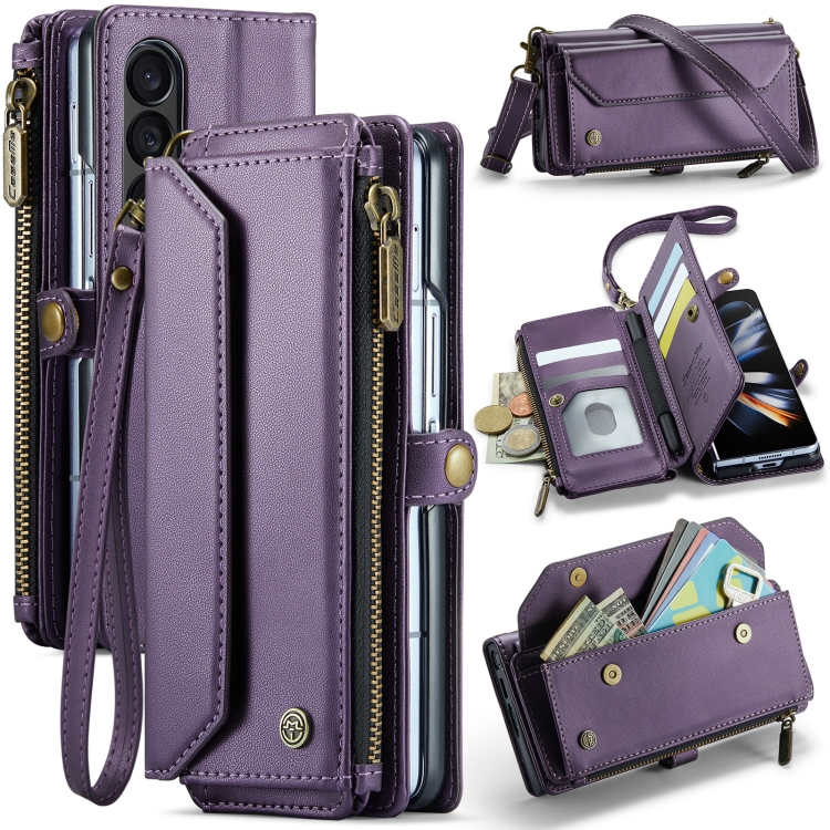 

For Samsung Galaxy Z Fold4 CaseMe C36 Card Slots Zipper Wallet RFID Anti-theft Leather Phone Case(Purple)