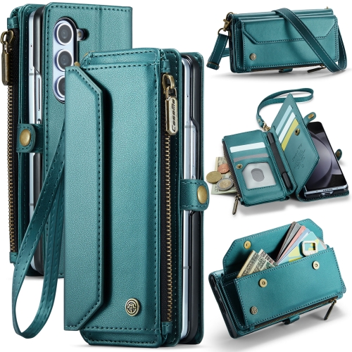 

For Samsung Galaxy Z Fold5 CaseMe C36 Card Slots Zipper Wallet RFID Anti-theft Leather Phone Case(Blue-green)