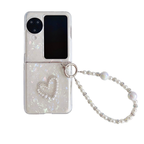 

For OPPO Find N3 Flip Pearlescent Shell Texture Heart Pattern Phone Case with Bracelet(White)