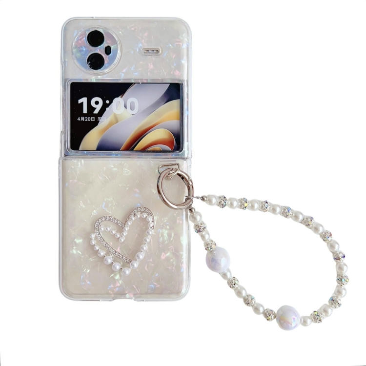 

For vivo X Flip Pearlescent Shell Texture Heart Pattern Phone Case with Bracelet(White)