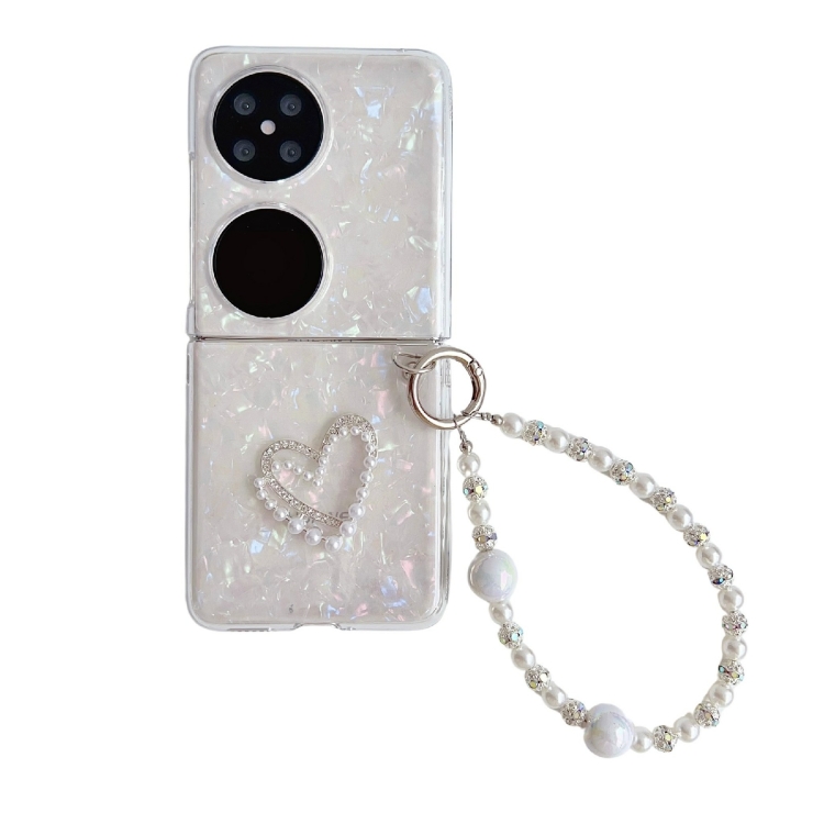 

For Huawei Pocket 2 Pearlescent Shell Texture Heart Pattern Phone Case with Bracelet(White)