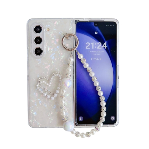 

For Samsung Galaxy Z Fold6 Pearlescent Shell Texture Heart Pattern Phone Case with Bracelet(White)