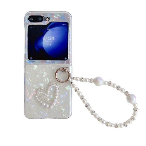 

For Samsung Galaxy Z Flip6 Pearlescent Shell Texture Heart Pattern Phone Case with Bracelet(White)