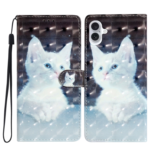

For iPhone 16 Plus 3D Pattern Leather Phone Case(White Cat)