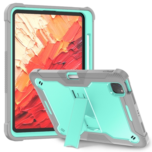 

For iPad Pro 11 2024 Shockproof Silicone Hybrid PC Tablet Case with Holder(Mint Green + Grey)