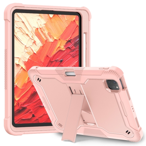 

For iPad Pro 11 2024 Shockproof Silicone Hybrid PC Tablet Case with Holder(Rose Gold)