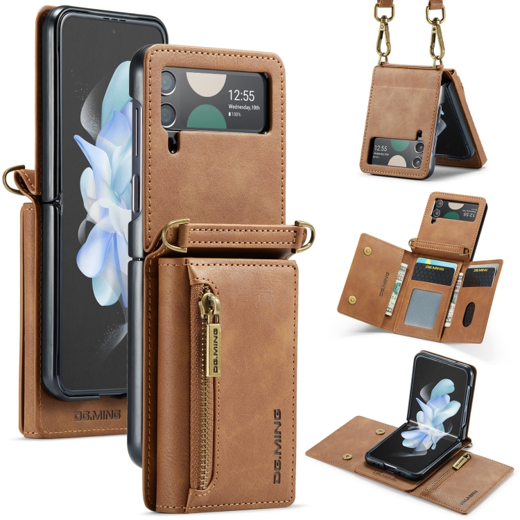 

For Samsung Galaxy Z Flip3 5G DG.MING M5 Series Zip RFID Multi Card Detachable Leather Phone Case with Long Lanyard(Brown)