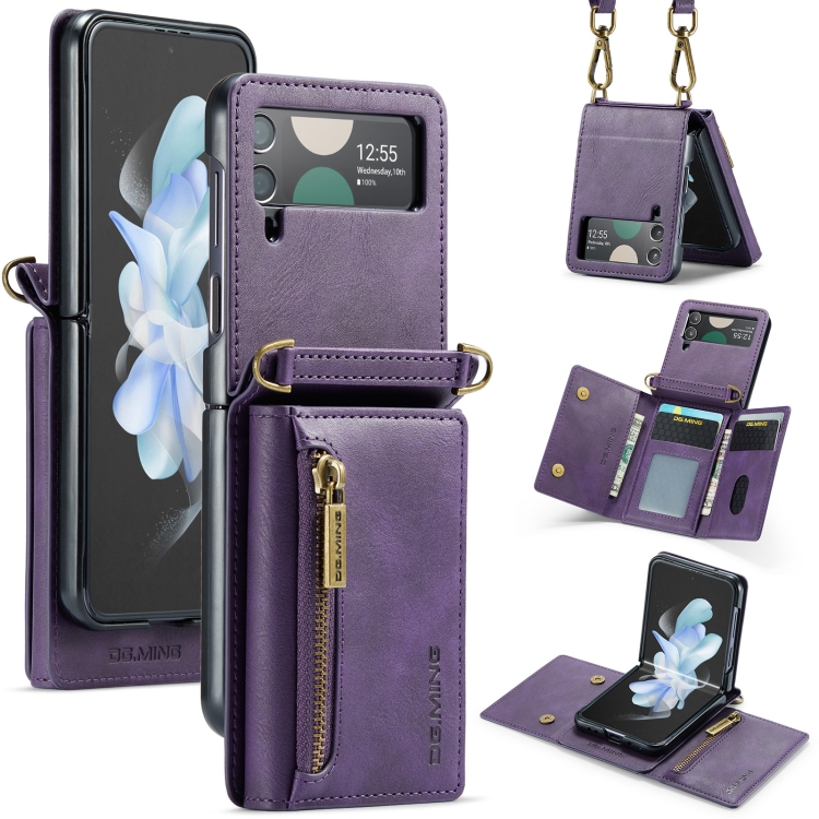 

For Samsung Galaxy Z Flip3 5G DG.MING M5 Series Zip RFID Multi Card Detachable Leather Phone Case with Long Lanyard(Purple)