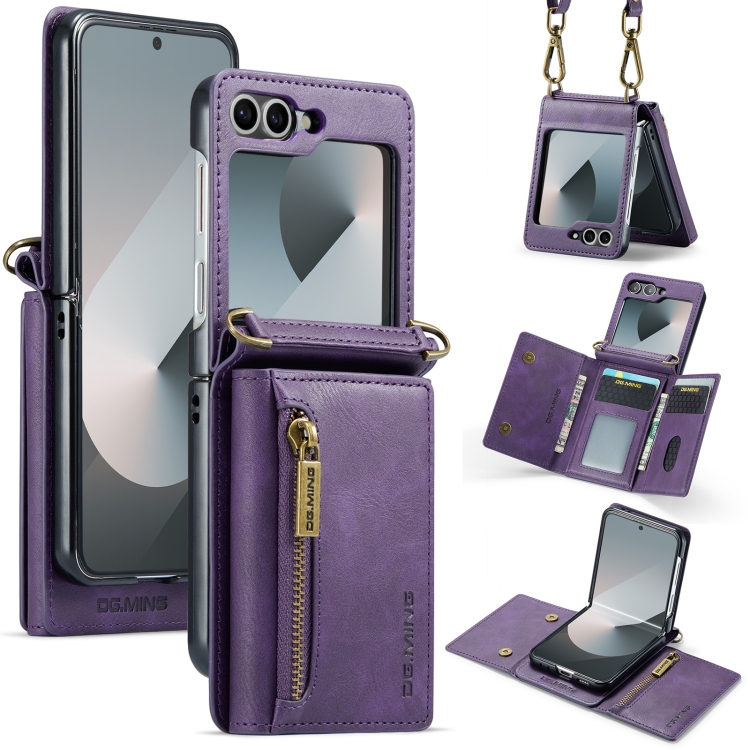 

For Samsung Galaxy Z Flip6 DG.MING M5 Series Zip RFID Multi Card Detachable Leather Phone Case with Long Lanyard(Purple)