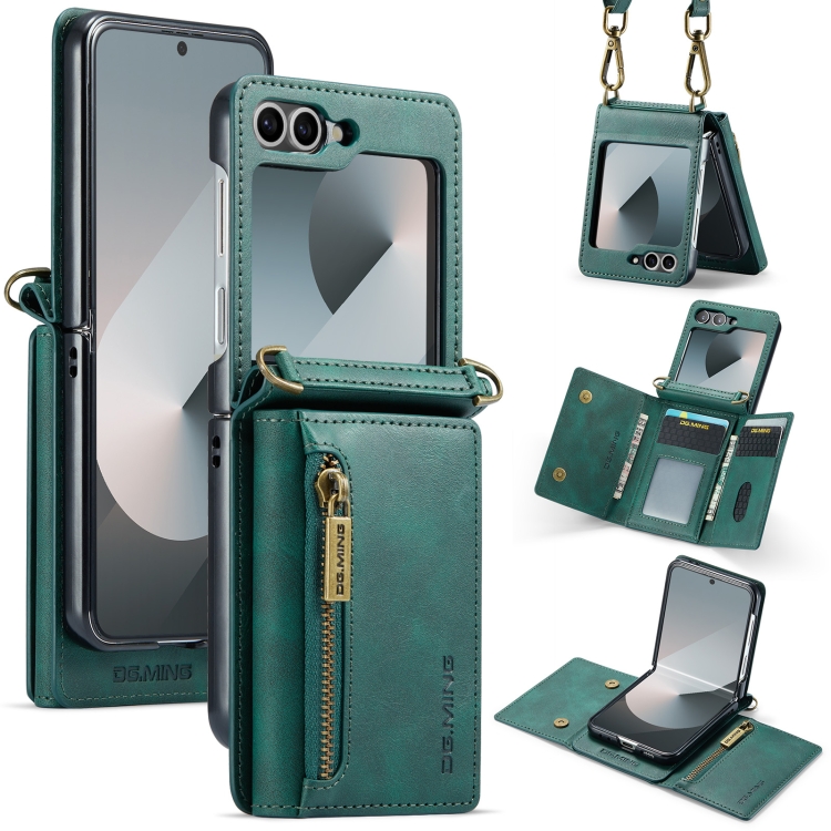 

For Samsung Galaxy Z Flip6 DG.MING M5 Series Zip RFID Multi Card Detachable Leather Phone Case with Long Lanyard(Green)