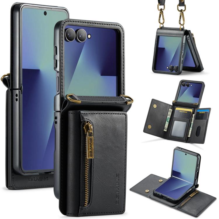 

For Samsung Galaxy Z Flip7 5G DG.MING M5 Series Zip RFID Multi Card Detachable Leather Phone Case with Long Lanyard(Black)