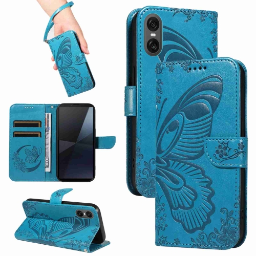 

For Sony Xperia 10 VI 2024 Swallowtail Butterfly Embossed Leather Phone Case(Blue)