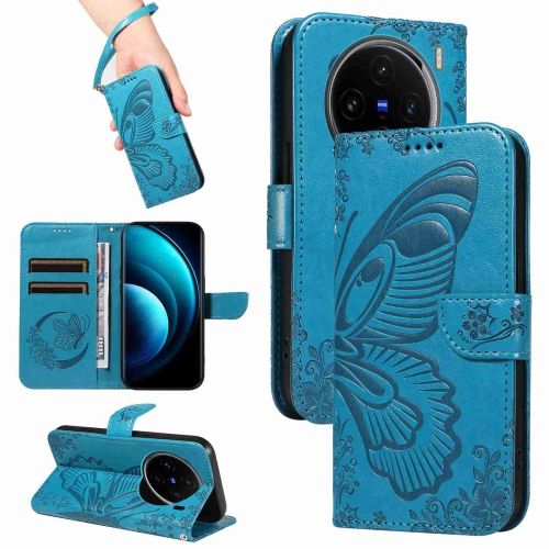 

For vivo X100 5G Swallowtail Butterfly Embossed Leather Phone Case(Blue)