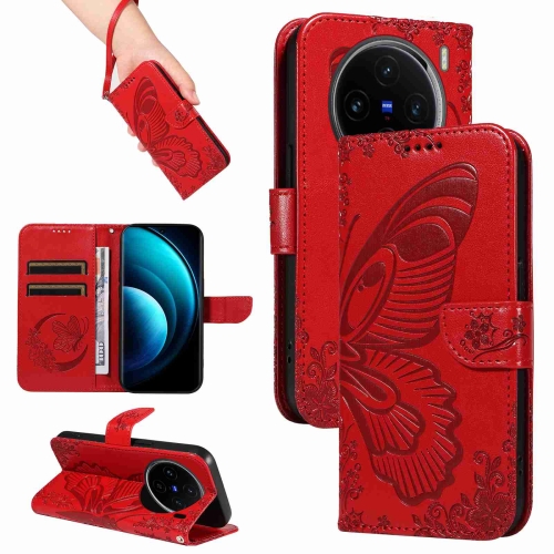 

For vivo X100 5G Swallowtail Butterfly Embossed Leather Phone Case(Red)