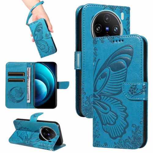 

For vivo X100 Pro 5G Swallowtail Butterfly Embossed Leather Phone Case(Blue)