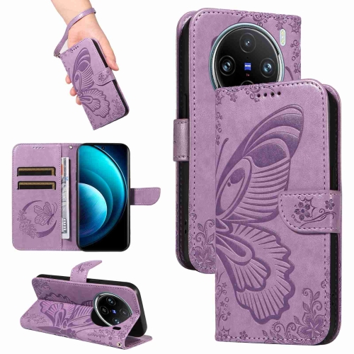 

For vivo X100 Pro 5G Swallowtail Butterfly Embossed Leather Phone Case(Purple)