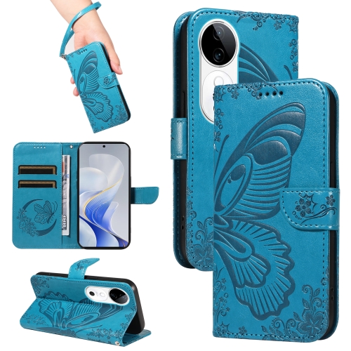 

For vivo V40 5G Swallowtail Butterfly Embossed Leather Phone Case(Blue)