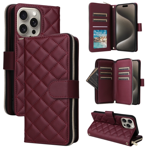 

For iPhone 15 Pro Max Crossbody Rhombic Zipper Tower Buckle Leather Phone Case with Lanyard(Wine Red)