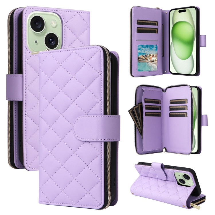 

For iPhone 15 Plus / 14 Plus Crossbody Rhombic Zipper Tower Buckle Leather Phone Case with Lanyard(Purple)