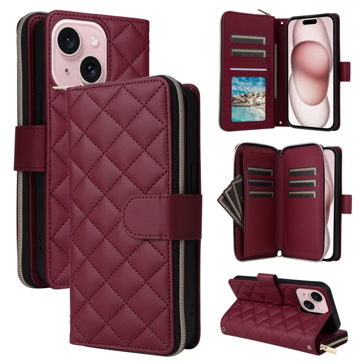 

For iPhone 15 Crossbody Rhombic Zipper Tower Buckle Leather Phone Case with Lanyard(Wine Red)
