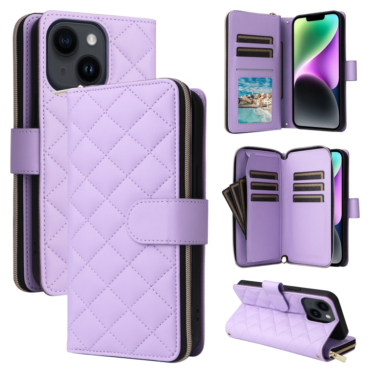 

For iPhone 14 / 13 Crossbody Rhombic Zipper Tower Buckle Leather Phone Case with Lanyard(Purple)