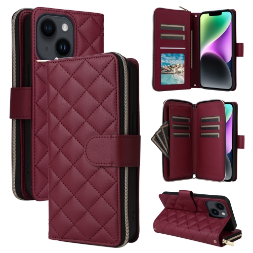 

For iPhone 14 / 13 Crossbody Rhombic Zipper Tower Buckle Leather Phone Case with Lanyard(Wine Red)