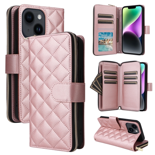 

For iPhone 14 / 13 Crossbody Rhombic Zipper Tower Buckle Leather Phone Case with Lanyard(Rose Gold)