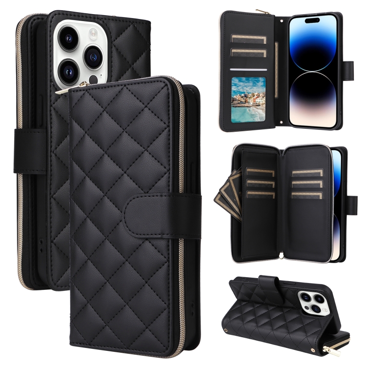 

For iPhone 14 Pro Crossbody Rhombic Zipper Tower Buckle Leather Phone Case with Lanyard(Black)