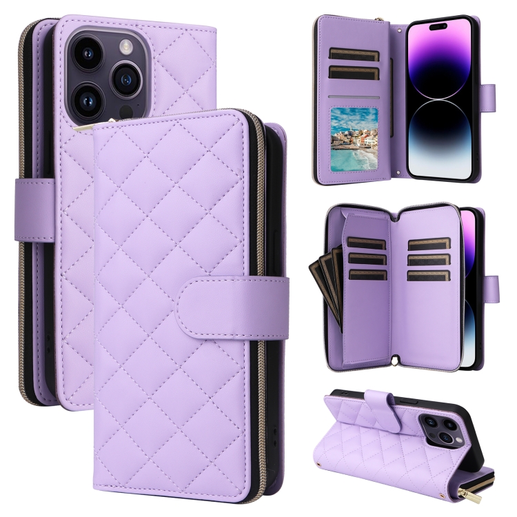 

For iPhone 14 Pro Max Crossbody Rhombic Zipper Tower Buckle Leather Phone Case with Lanyard(Purple)