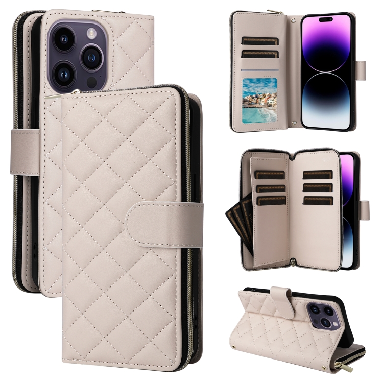 

For iPhone 14 Pro Max Crossbody Rhombic Zipper Tower Buckle Leather Phone Case with Lanyard(Beige)
