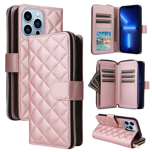 

For iPhone 13 Pro Max Crossbody Rhombic Zipper Tower Buckle Leather Phone Case with Lanyard(Rose Gold)