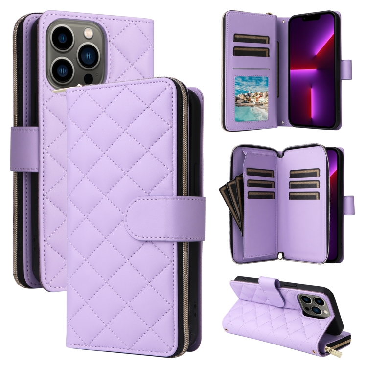 

For iPhone 13 Pro Crossbody Rhombic Zipper Tower Buckle Leather Phone Case with Lanyard(Purple)
