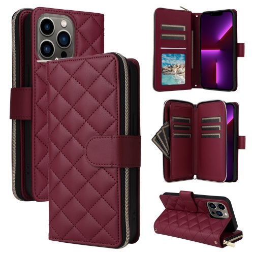 

For iPhone 13 Pro Crossbody Rhombic Zipper Tower Buckle Leather Phone Case with Lanyard(Wine Red)