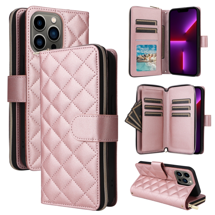 

For iPhone 13 Pro Crossbody Rhombic Zipper Tower Buckle Leather Phone Case with Lanyard(Rose Gold)