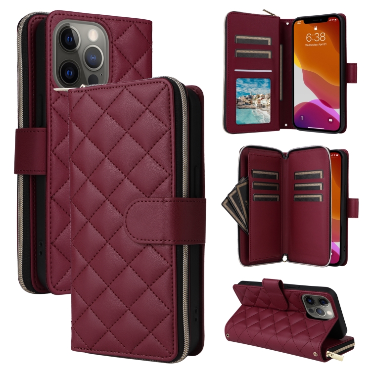 

For iPhone 12 / 12 Pro Crossbody Rhombic Zipper Tower Buckle Leather Phone Case with Lanyard(Wine Red)