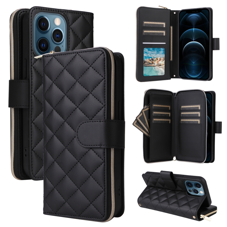 

For iPhone 12 Pro Max Crossbody Rhombic Zipper Tower Buckle Leather Phone Case with Lanyard(Black)