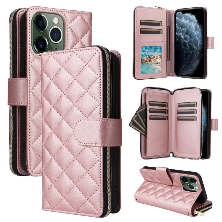 

For iPhone 11 Pro Max Crossbody Rhombic Zipper Tower Buckle Leather Phone Case with Lanyard(Rose Gold)