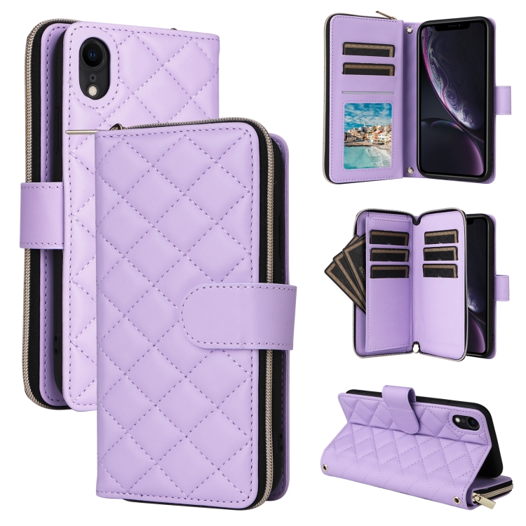 

For iPhone XR Crossbody Rhombic Zipper Tower Buckle Leather Phone Case with Lanyard(Purple)
