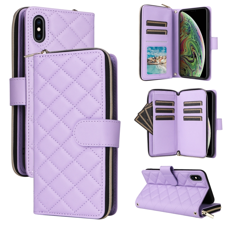 

For iPhone XS Max Crossbody Rhombic Zipper Tower Buckle Leather Phone Case with Lanyard(Purple)