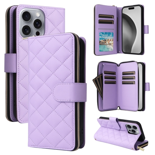 

For iPhone 16 Pro Max Crossbody Rhombic Zipper Tower Buckle Leather Phone Case with Lanyard(Purple)