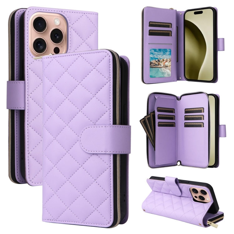 

For iPhone 16 Pro Crossbody Rhombic Zipper Tower Buckle Leather Phone Case with Lanyard(Purple)