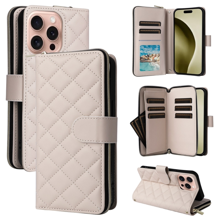 

For iPhone 16 Pro Crossbody Rhombic Zipper Tower Buckle Leather Phone Case with Lanyard(Beige)