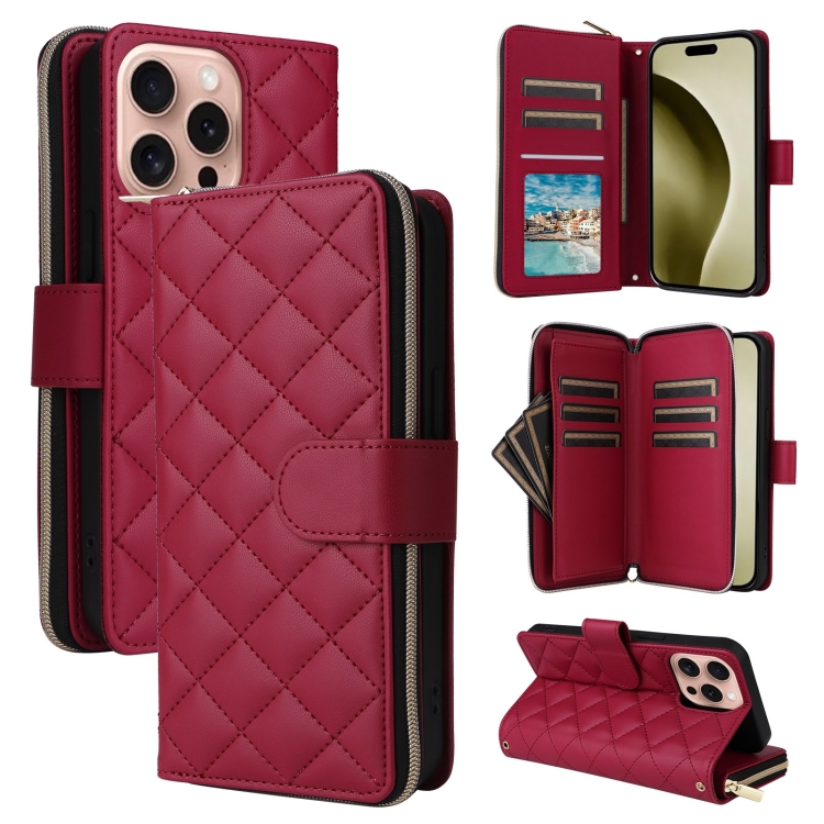 

For iPhone 16 Pro Crossbody Rhombic Zipper Tower Buckle Leather Phone Case with Lanyard(Wine Red)