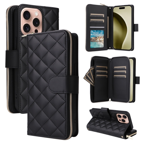 

For iPhone 16 Pro Crossbody Rhombic Zipper Tower Buckle Leather Phone Case with Lanyard(Black)