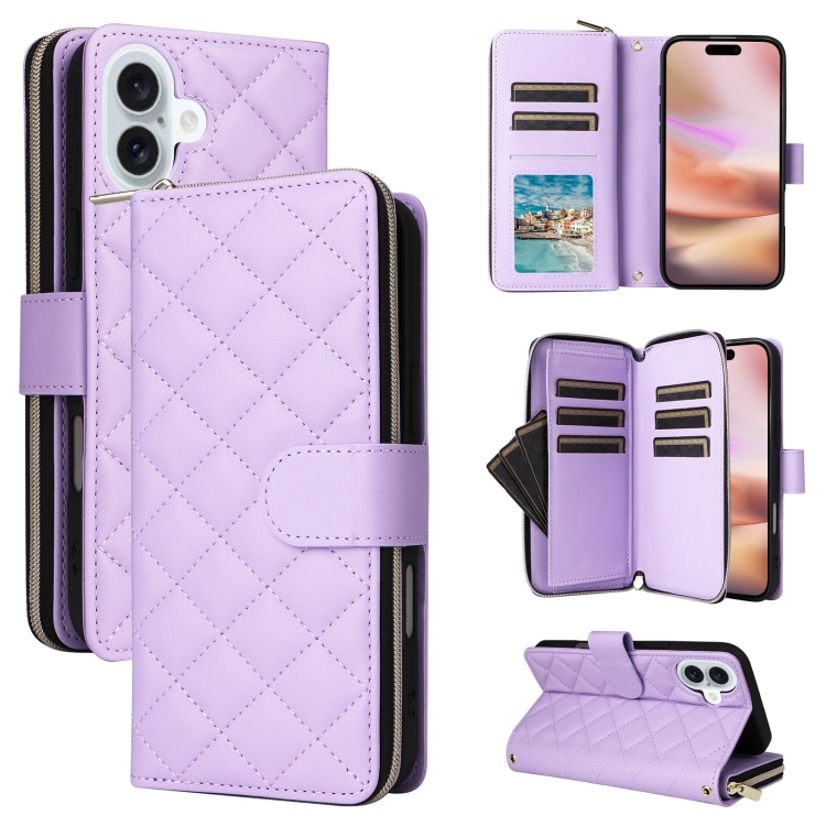 

For iPhone 16 Plus Crossbody Rhombic Zipper Tower Buckle Leather Phone Case with Lanyard(Purple)