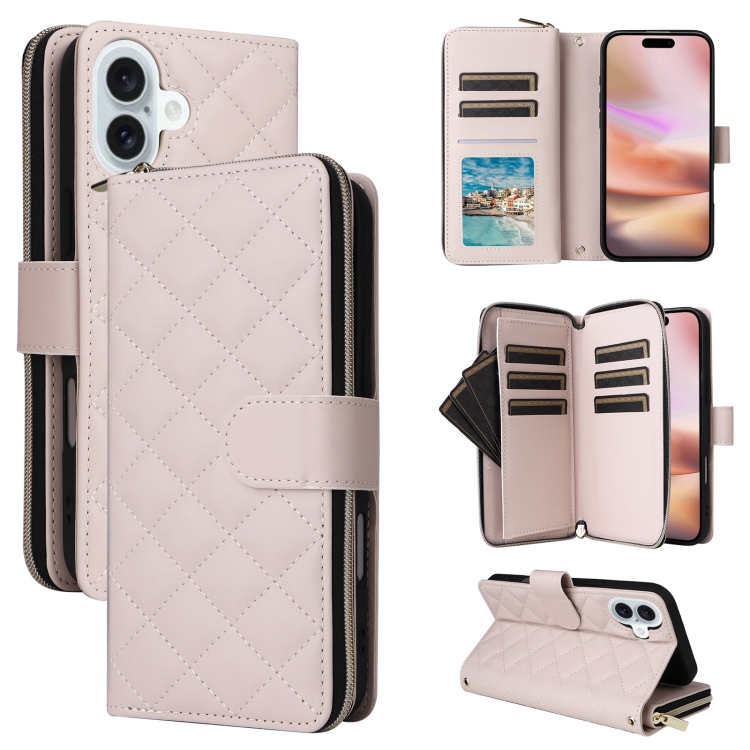 

For iPhone 16 Plus Crossbody Rhombic Zipper Tower Buckle Leather Phone Case with Lanyard(Beige)