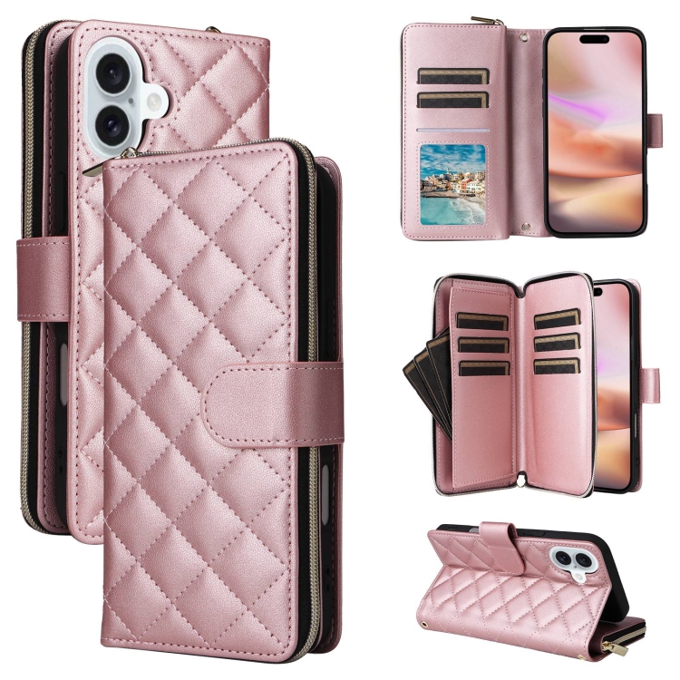 

For iPhone 16 Plus Crossbody Rhombic Zipper Tower Buckle Leather Phone Case with Lanyard(Rose Gold)