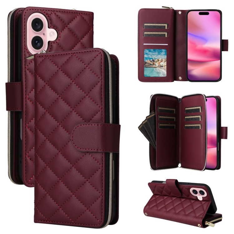 

For iPhone 16 Crossbody Rhombic Zipper Tower Buckle Leather Phone Case with Lanyard(Wine Red)