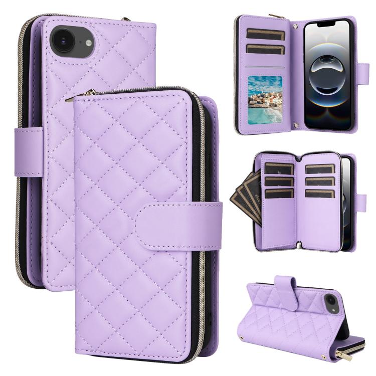 

For iPhone 16e Crossbody Rhombic Zipper Tower Buckle Leather Phone Case with Lanyard(Purple)